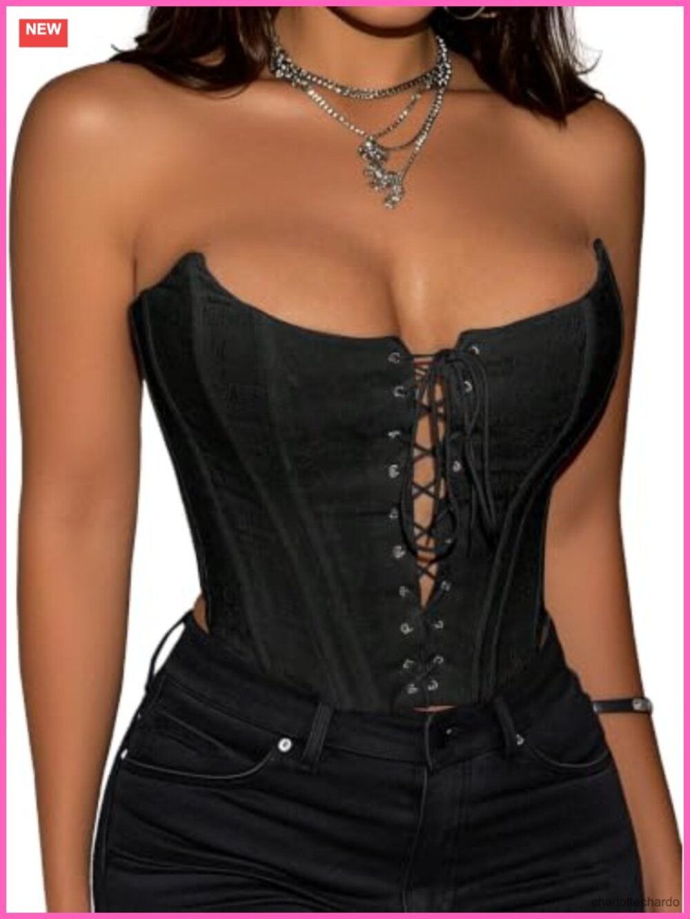 Black Corset Top for Women Strapless Backless Lace-Up Bustier Crop Tank